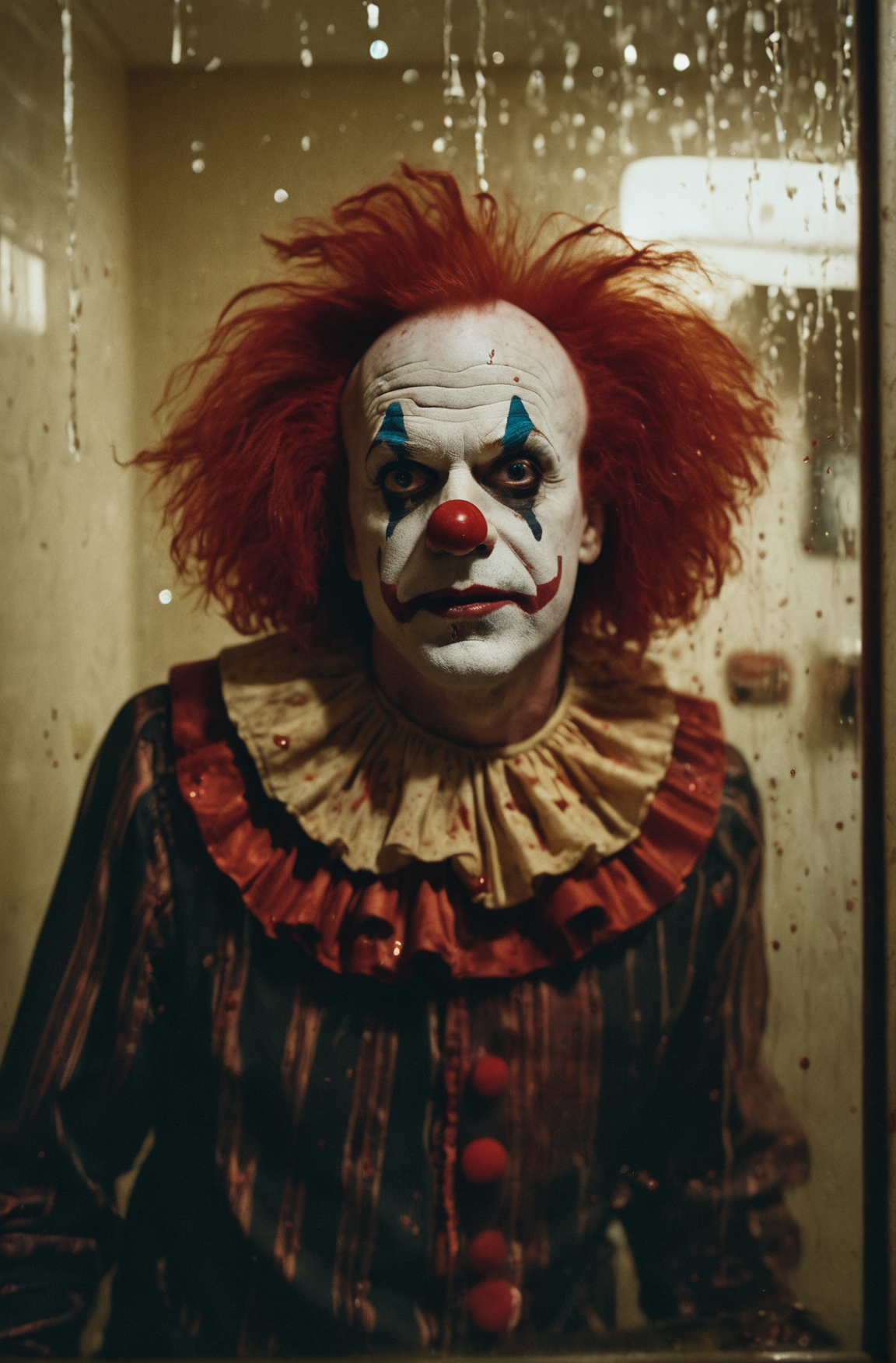A cinematic photo of a 60 year old half american half scottish killer clown, big forehead, red clown wig, running into a g...